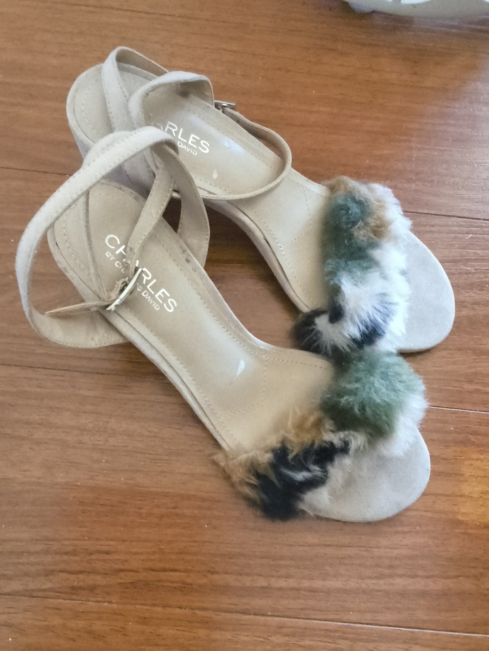 Charles by Charles David Blush Pink Beige Ankle-Strap Sandals Fur Wedding Party